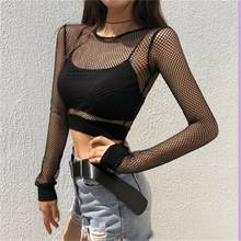 Sexy Women Crop Top Summer New Fishnet Solid Mesh Summer Top T Shirts For Women Long Sleeve Top Tees Hot Sales 2024 - buy cheap