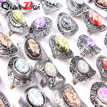 QianBei Wholesale 50pcs Lots Silver Plating Vintage Stone Ring Fashion Jewelry Turquoises Finger Rings For Women Men Wedding 2024 - buy cheap