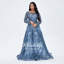 Latest Design Navy Blue Evening Dress 2020 Dubai Luxury Evening Gowns O-Neck Crystal Long Sleeve Vestidos Elegantes 2024 - buy cheap