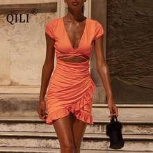 QILI женское сексуальное платье с глубоким v-образным вырезом, открытое гофрированное платье, Бандажное мини-платье 2020, элегантное платье с коротким рукавом 2024 - купить недорого