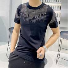 Alta qualidade design da marca masculina listrado strass camiseta manga curta moda rua o-pescoço algodão fino 2024 - compre barato