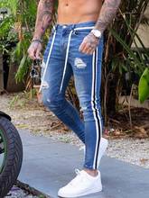 Jeans masculino casual de 2021, slim fit, listra lateral, calças lápis, hip hop, rasgadas, biker, desgastado, fit europeu, tamanho grande 2024 - compre barato