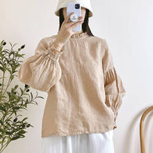Johnature-camisas de lino holgadas para mujer, Tops de manga farol de Color sólido, Estilo Vintage japonés, 3 colores, Primavera, 2021 2024 - compra barato