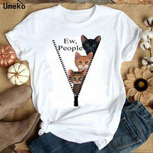 Umeko-Camiseta de manga corta con estampado de gato para mujer, blusa informal con cuello redondo, estampado de letras EW PEOPLE, Top Hipster Harajuku 2024 - compra barato