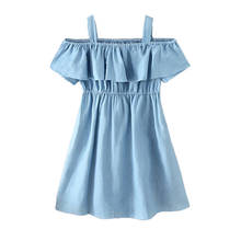 Vestido vaquero sin hombros para niños pequeños, ropa informal de verano sin mangas, con volantes, 4-12T 2024 - compra barato