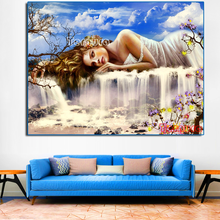 5d diy pintura diamante céu azul cachoeira fantasia mulher mosaico ponto cruz bordado redondo pedras quadradas decoração salão 2024 - compre barato