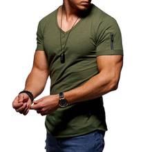 Camiseta fitness para homens, t-shirt da moda, slim, customizada, com decote em v, casual, básica, de cor sólida, fitness, camisetas, camisetas 2024 - compre barato