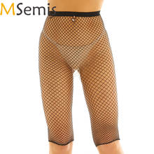 Mulheres legging meia calças preto malha fishnet ver através de cintura alta joelho comprimento magro ajuste leggings ciclismo curto sexy clubwear 2024 - compre barato