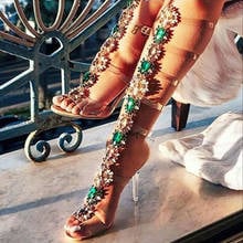 Girl's Summer Multi Rhinestone Flower Decor PVC Sandals Boots Transparent High Heels Buckle Crystal Long Sandalias Botas 2024 - buy cheap