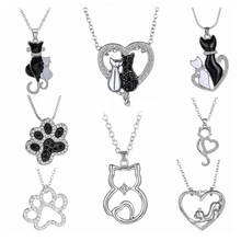 New Lovely Cat Paw Black White cat On Heart Crystal Pendant Necklace For Women Girl Best Friend Gift Small Cat Jewelry 2024 - buy cheap