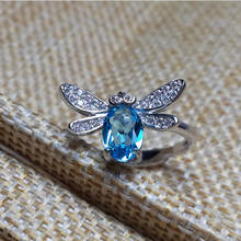 Meibapj 925 anel de prata esterlina, anel com libélula embutida com pedra topázio azul natural para mulheres 2024 - compre barato