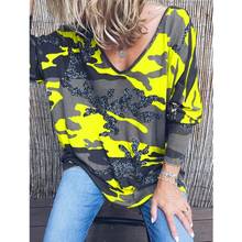 Autumn Women's V-Neck Printed Long-sleeved T-shirt Casual Street Loose Top Black Purple Red Camouflage Women Shirts 2024 - buy cheap