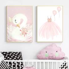 Cuadro de pared con estampado artístico de cisne rosa para guardería, póster de lona con acuarela, bailarina de Ballet para colgar en pared, decoración de habitación de niña 2024 - compra barato