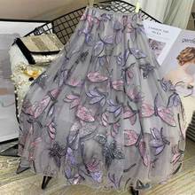 High Quality Sequins Embroidery Dragonfly Two Layer Mesh Pleated Skirt Women 2022 Summer High Waist Long Skirts Womens Elegant 2024 - buy cheap