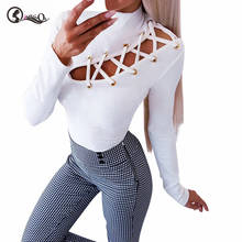 Sexy Ladies Lace Up Hollow Out T-shirt Backless Autumn Fashion Solid Color Turtleneck Long Sleeve Tshirt Top New Arrive New 2024 - buy cheap