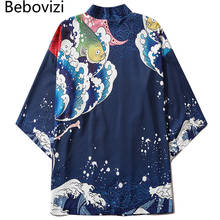 Bebovizi 2021 New Style Wave Fish Print Men Streetwear Blue Cardigan Women Haori Obi Japanese Tradition Kimonos Yukata Clothes 2024 - buy cheap