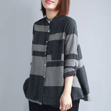 Camisa de lino y algodón para mujer, blusa holgada de manga larga con cuello levantado, Color mezclado, con bolsillo, otoño 2024 - compra barato