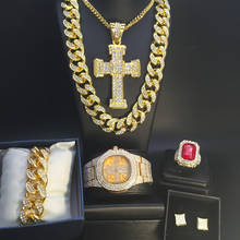 Relógio, colar, anel e brincos luxuosos para homens, cor dourada, combo de joias, gelo, cristal cubano, hip hop, maiô 2024 - compre barato