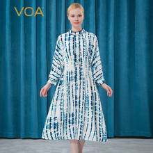 VOA Silk Half High Collar Thread Embroidered Lantern Sleeve White Bottom Yin Blue Vertical Stripe Gradient Women Dress AE501 2024 - buy cheap