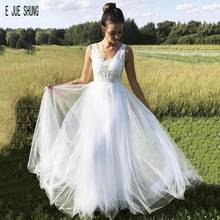 E jue shung vestido de noiva branco, simples, de praia, decote em v, apliques com zíper, costas nuas, elegante, de tule, vestido de noiva feminino 2024 - compre barato