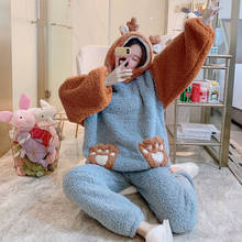 New Cartoon Coral Fleece Hooded Sleepwear Cute Warm Long Sleeves Winter Pajamas Set Top Pants Loose Pockets Girls Homewear Women 2024 - buy cheap