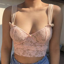 Women Fashion Casual Spring Summer Sexy See Through Slim Camisole Sweet Sleeveless V Neck Floral Lace Crop Tops Pink Dating Wear 2024 - buy cheap