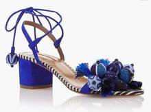 Sandalias bohemias con flores y correa en el tobillo para mujer, zapatos de fiesta de boda, Sandalias de tacón grueso de ante, Sandalias de tacón bajo 2024 - compra barato