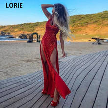 LORIE Red Sequin Evening Dresses Formal Simple Sexy Open Back V-neck Prom Gown Long Celebrity Dresses with Double Split 2020 2024 - buy cheap