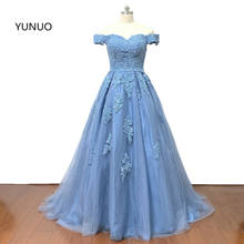 YUNUO Off the Shoulder Dusty Blue Lace Tulle Long Prom Dresses Appliques A-line Evening Gowns Vestidos Zipper Womens Party 2024 - buy cheap