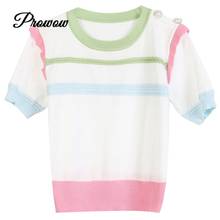 Brand Design Women Summer Sweet Striped O-neck Slim Knit Top Korean Ladies Pullover Short Sleeve Casual Ruffles T-shirt Vestidos 2024 - buy cheap