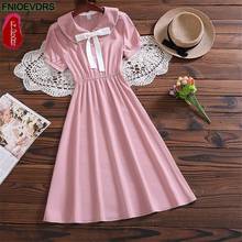 Women Casual Lady Chic Cute Korean Style Vintage Floral Printed Japanese Style Party Date Bow Midi Summer Pink Dress Vestido 2024 - buy cheap