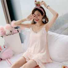 Summer 2pcs Women Pajamas Sets Sweet Girl Ruffle Bow Spaghetti Strap Camisole Shorts Sleepwear Lingerie Sexy Plus Size Nightgown 2024 - buy cheap