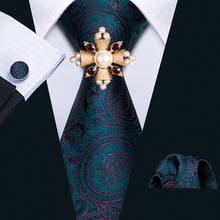 Teal Men Tie Paisley Necktie Gravat Handkerchief Brooch Set Silk Ties Navy New Party Business for Men Fashion 2024 - buy cheap