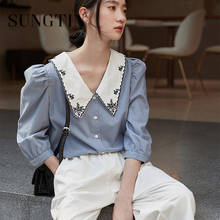 Sungtin Embroidery Vintage 2020 New Summer Blouse Shirt Women Tops and Blouses Blue White Casual V-Neck Shirts Elegant Loose New 2024 - buy cheap