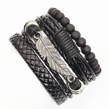 Conjunto de 4 unids/set de pulseras de cuero para hombre y mujer, abalorios de pluma Vintage a la moda, Envío Gratis, joyería para hombre 2024 - compra barato