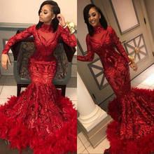 New Red Mermaid African Prom Dresses 2020 Feathers Train Long Sleeve Sequined High Neck Formal Evening Party Gowns 2024 - buy cheap