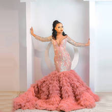 Charming Pink Mermaid Evening Gowns Long Sleeves Tulle Ruffles Pleated With Train Lace Aso Ebi Prom Party Gown 2024 - buy cheap