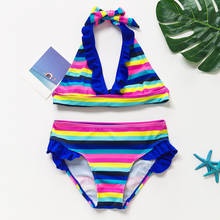 2020 New Teen Kids Girls Rainbow Striped Two-Pieces Swimwear Swimsuit Bikini Outfit Open Back Swimming Beachwear Suits Summer 2024 - buy cheap