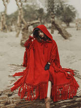 Abrigo de lana roja con capucha para mujer, abrigo cálido y dulce de gran tamaño, con borlas, estilo coreano, para Otoño e Invierno 2024 - compra barato