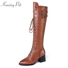 krazing pot streetwear cow leather pointed toe high heels zipper keep warm women buckle decoration riding thigh high boots L1f2 2024 - buy cheap