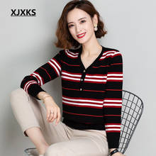 XJXKS-suéter de rayas con cuello en V para mujer, Jersey de punto de lana de alta gama para Otoño e Invierno 2021 2024 - compra barato