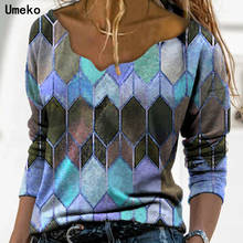 Umeko Female T-Shirt Geometric Print V-Neck Long Sleeve Base Shirt Pullover Female Fashion Long Sleeve Autumn Party Office Tops 2024 - buy cheap