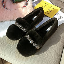 34-44 big size rabbit fur flats women crystal ear winter plush shoes woman rhinestone furry loafers warm creepers moccasins 466 2024 - buy cheap