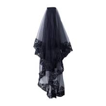 2-Tier Women Halloween Cosplay Costume Black Mantilla Wedding Veil Embroidery Floral Lace Sheer Tulle Hair Accessories with Comb 2024 - buy cheap