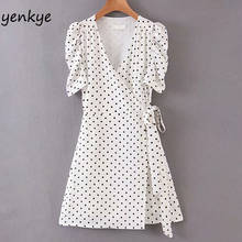 Women Vintage Polka Dot Wrap Dress Sexy Lady Cross V Neck Puff Sleeve A-line Mini Summer Dress  SDP9250 2024 - buy cheap