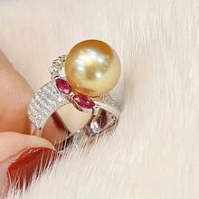 Dpopular anel de pérola joias finas 925 prata esterlina natural 10-11mm redondo pérolas douradas para água doce anéis para mulheres 2024 - compre barato