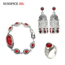 Sunspicems Antique Silver Color Red Bohemia Earring Bracelet Ring 3pcs Jewelry Set for Women Indian Wedding Banquet Bridal Gift 2024 - buy cheap