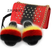 Ladies Winter Fluffy Rainbow Slides Rhinestone Bling Jelly Chain Bag Shoes Sets Shoulder Bag Women's Fox Fur Slippers Handbag 2024 - buy cheap