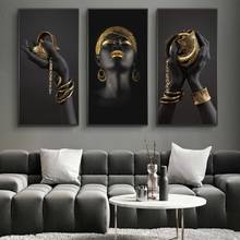 Pinturas de arte de mulher africana na parede, posteres e impressões, preto, com as mãos, joias de ouro, imagens de tela, decoração de casa 2024 - compre barato