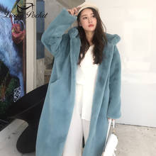 Inverno feminino grosso meados de comprimento cor sólida casaco de pelúcia senhoras moda manter quente grande bolso com boné plus size casaco de pele azul zy105 2024 - compre barato